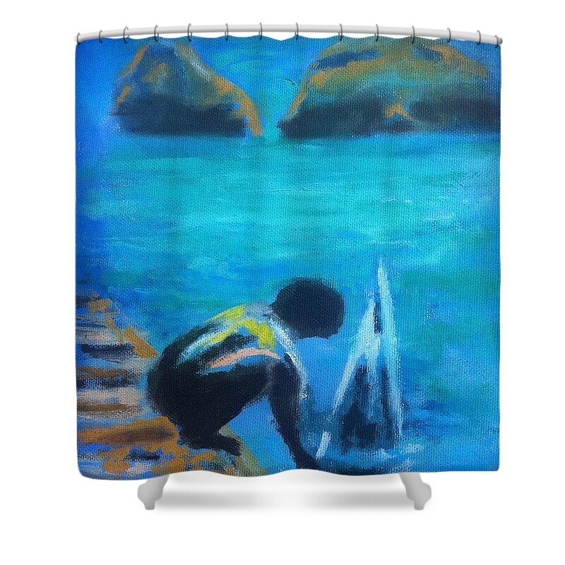Kid Shower Curtain featuring the painting The Launch Sjosattningen by Enrico Garff