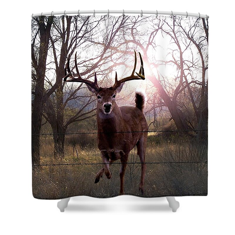 Whitetail Deer Shower Curtain featuring the digital art The Leap by Bill Stephens