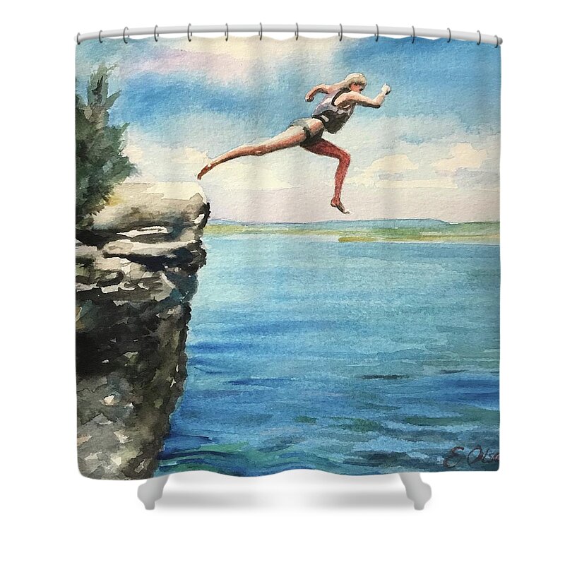 Cliff Shower Curtain featuring the painting The Leap by Emily Olson