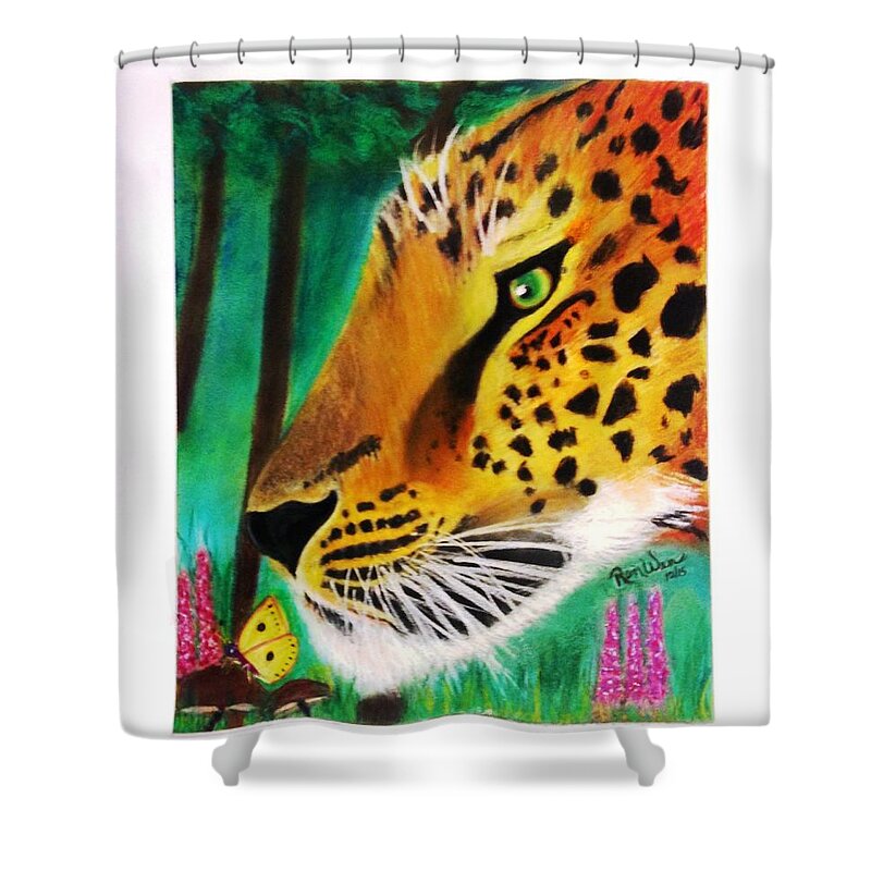 Leopard Shower Curtain featuring the painting The Leopard and the Butterfly by Renee Michelle Wenker