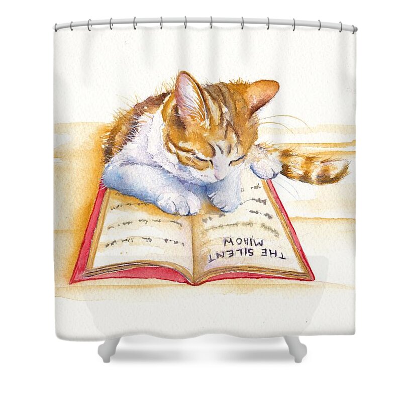 Cats Shower Curtain featuring the painting Reading Kitten - The Lesson by Debra Hall