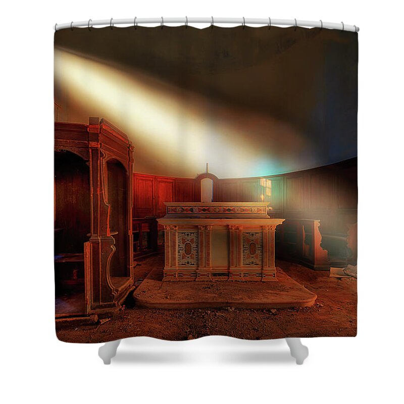 Atmosfera Religiosa Shower Curtain featuring the photograph Ca' di Ferre' THE LIGHT IN THE ABANDONED CHURCH - La luce nella chiesa abbandonata by Enrico Pelos