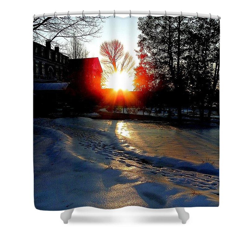Snow Shower Curtain featuring the photograph The Lighted Path by Karen Wiles