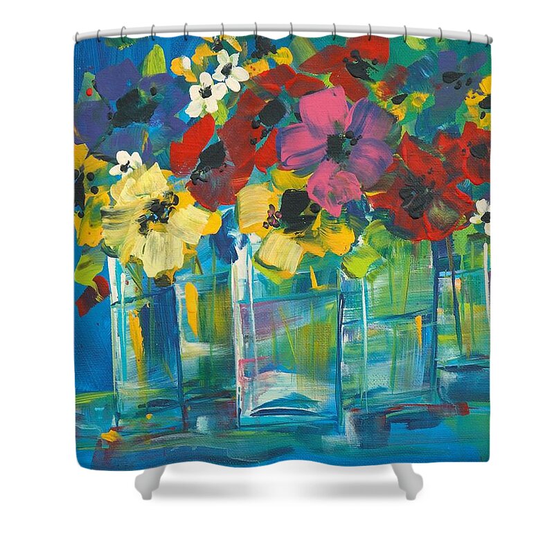 Flowers Shower Curtain featuring the painting The Line-Up by Terri Einer