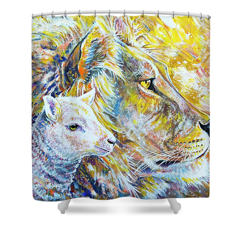 Lion Shower Curtain featuring the painting The Lion and the Lamb by Aaron Spong