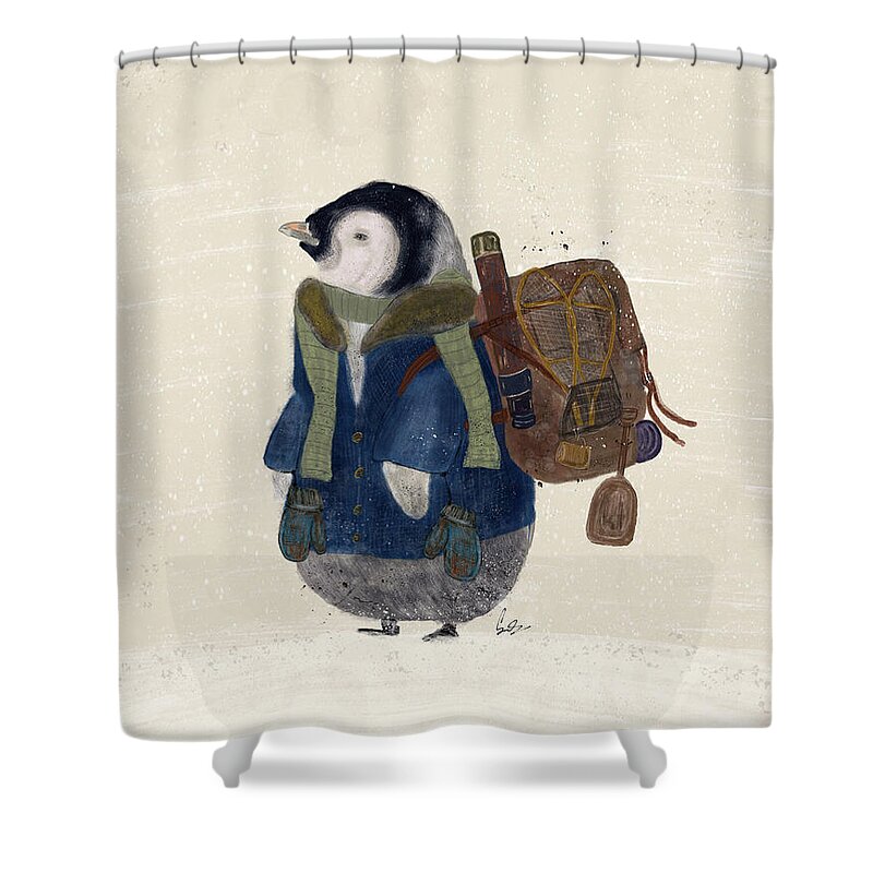 Penguin Shower Curtain featuring the painting The Little Explorer by Bri Buckley