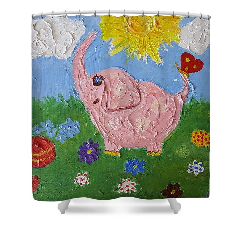 Elephant Shower Curtain featuring the painting Little Pink Elephant by Rita Fetisov
