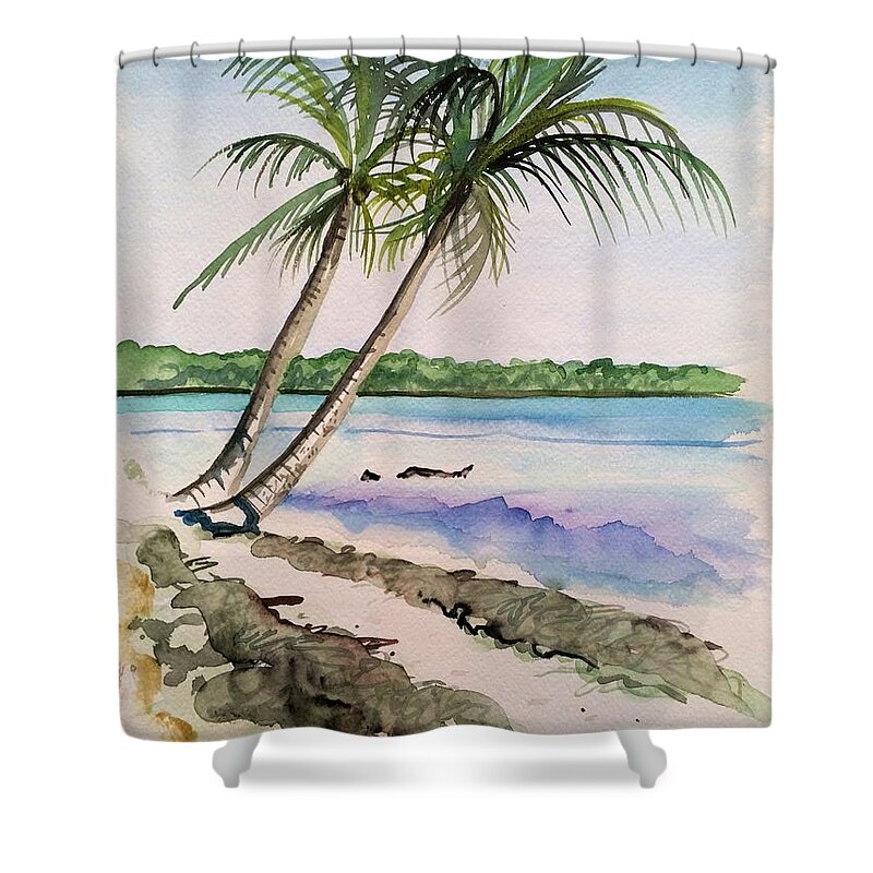Palm Trees Florida Keys Shower Curtain featuring the painting The Love Palms by Maggii Sarfaty