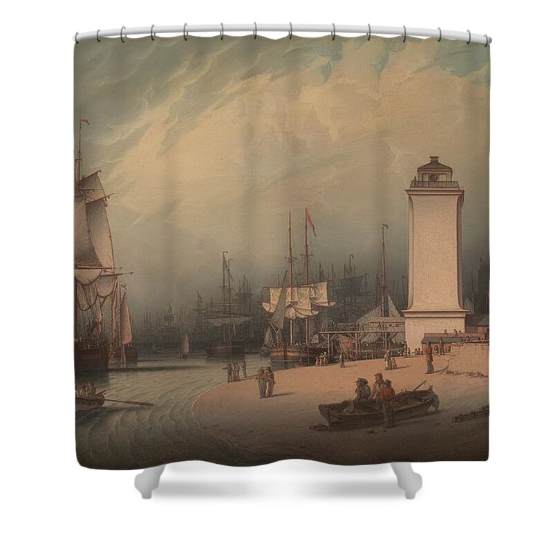 The Low Lighthouse Shower Curtain featuring the painting The Low Lighthouse, North Shields by Robert Salmon, 1828. by Celestial Images
