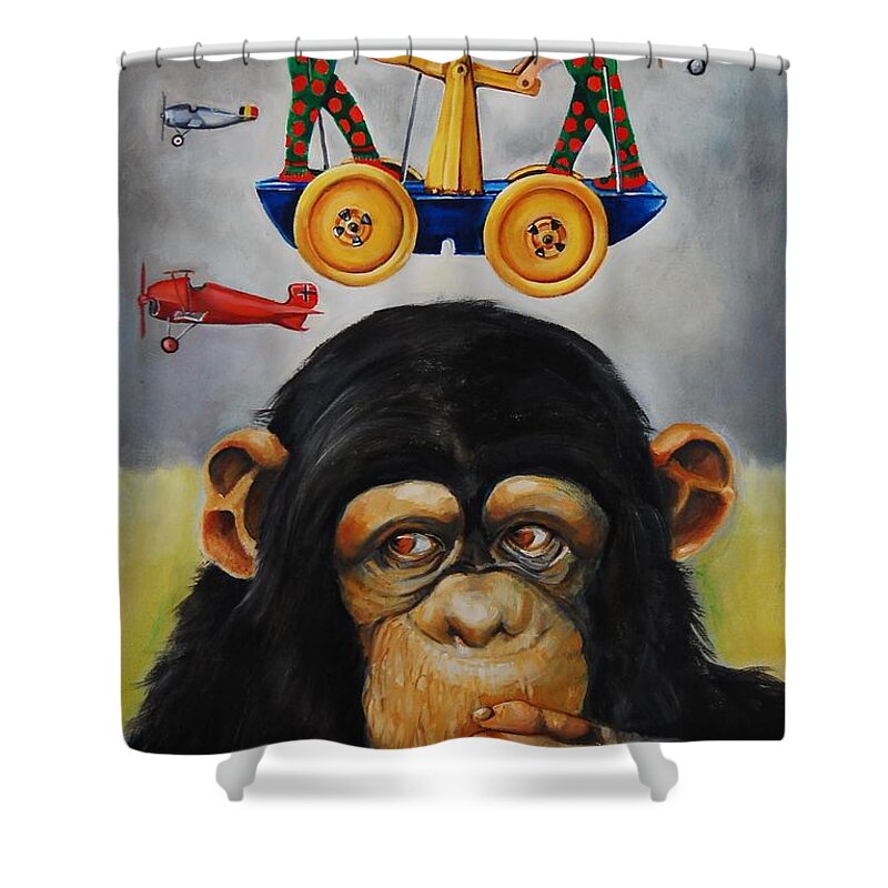 Tin Toys Shower Curtain featuring the painting The Magnificent Flying Strauss by Jean Cormier