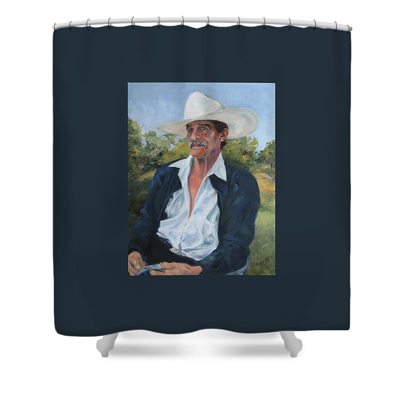 Portrait Shower Curtain featuring the painting The Man from the Valley by Connie Schaertl