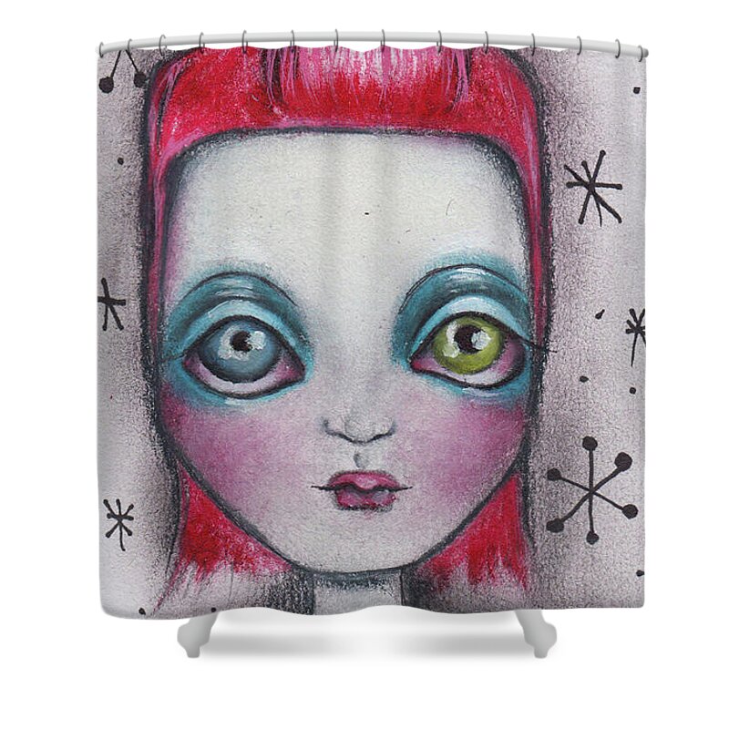 David Bowie Shower Curtain featuring the painting The man who fell to earth by Abril Andrade