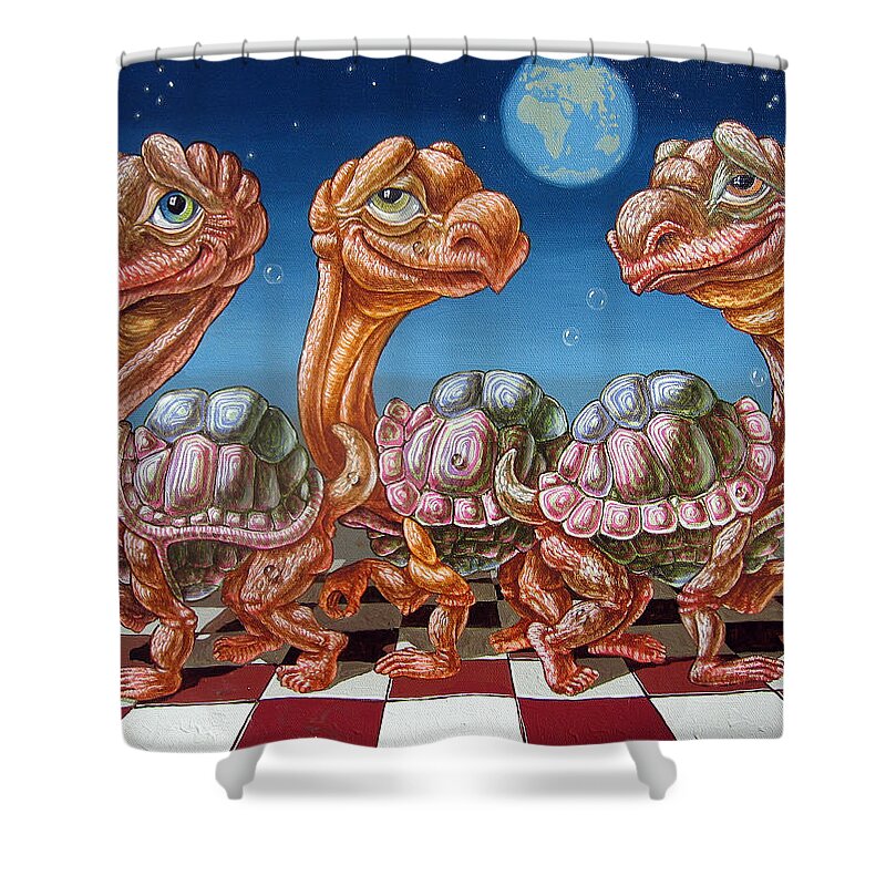 The March Shower Curtain featuring the painting The march of lunar turtles by Victor Molev