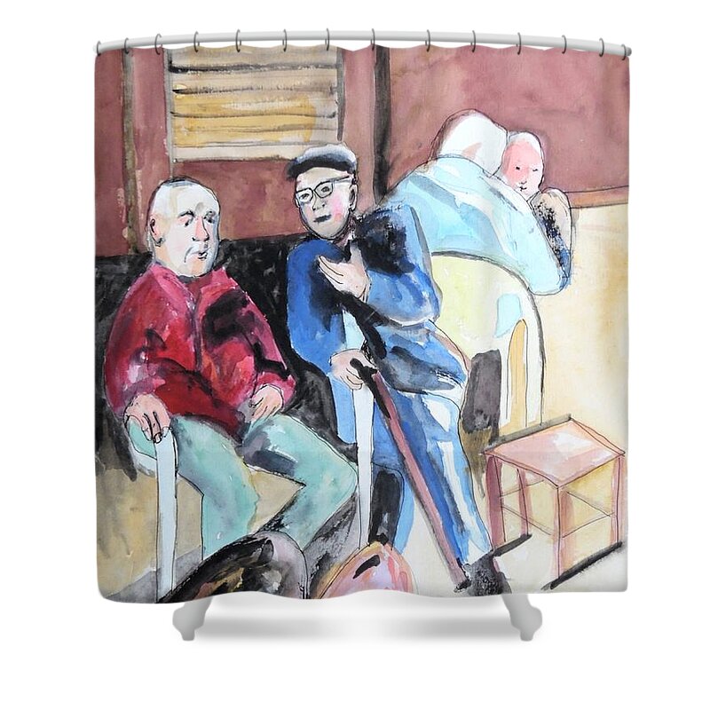 People Of Israel Shower Curtain featuring the painting The Market Parliament by Esther Newman-Cohen
