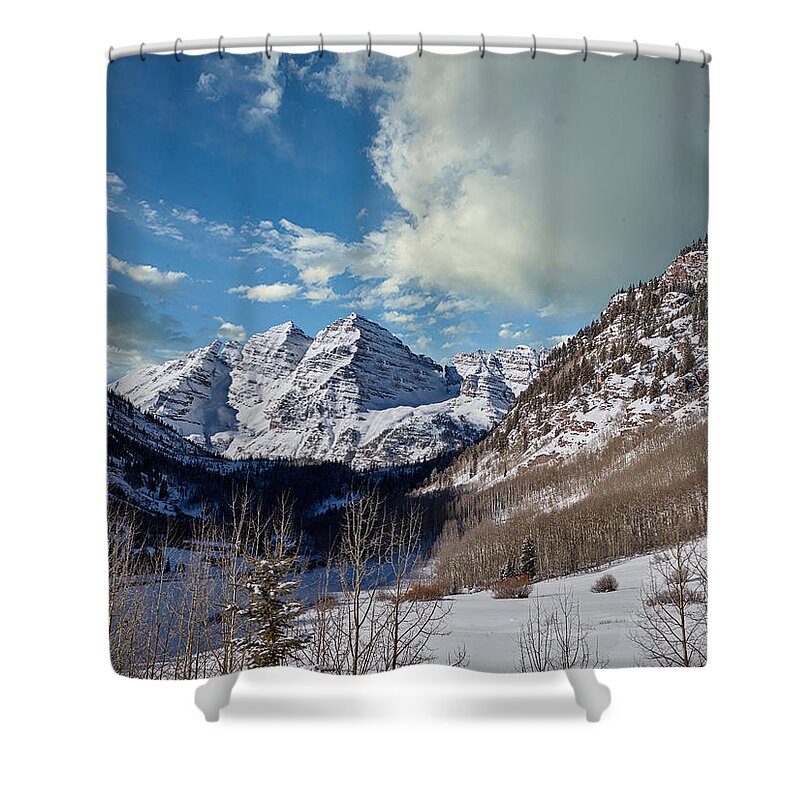  Shower Curtain featuring the photograph The Maroon Bells twin peaks just outside Aspen by Carol M Highsmith