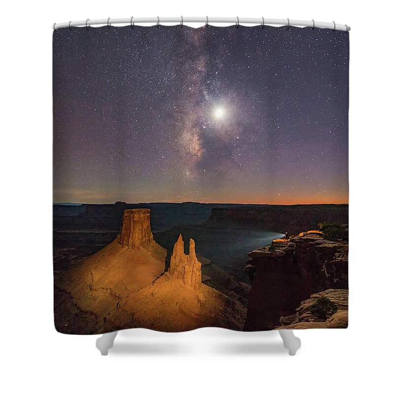 Moab Shower Curtain featuring the photograph The Milky Way and the Moon from Marlboro Point by Dan Norris