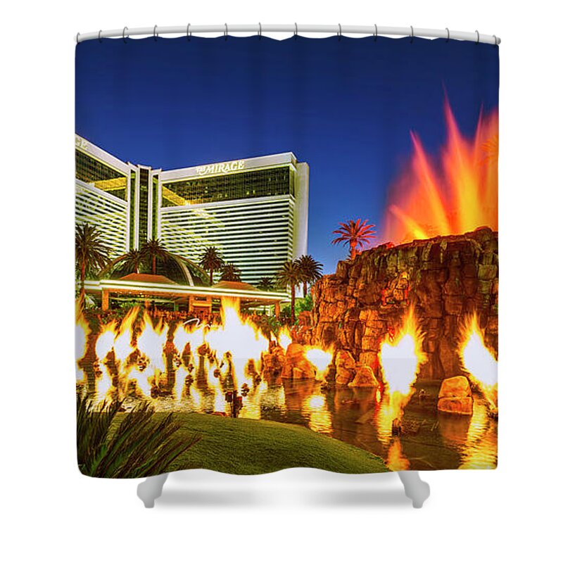 The Mirage Shower Curtain featuring the photograph The Mirage Casino and Volcano Eruption at Dusk by Aloha Art