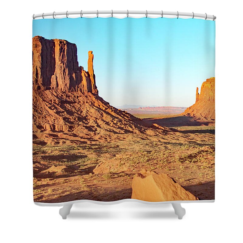 The Mittens Shower Curtain featuring the photograph The Mittens, Sandstone Buttes, Monument Valley by A Macarthur Gurmankin