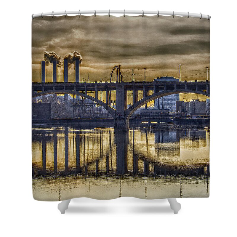 Minneapolis Shower Curtain featuring the photograph The Mood Through the Third Avenue Bridge by Bill and Linda Tiepelman
