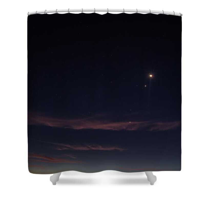 Moon Shower Curtain featuring the digital art The Moon and the Planets at Sunrise by John Haldane