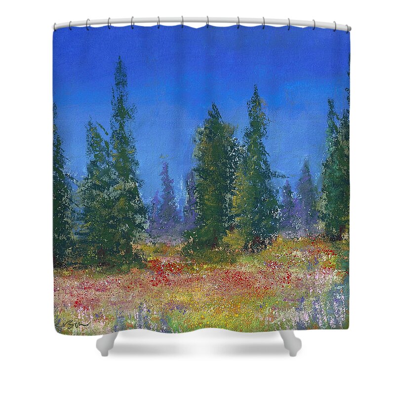 The Mountain Meadow Shower Curtain featuring the pastel The Mountain Meadow by David Patterson