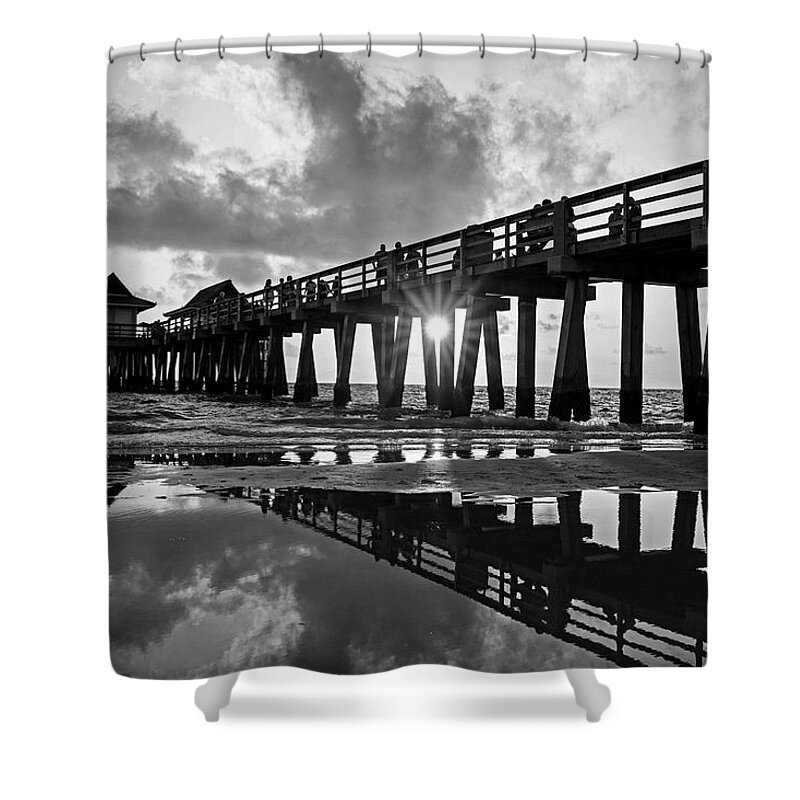 Naples Shower Curtain featuring the photograph Naples pier at sunset Naples Florida Black and White by Toby McGuire