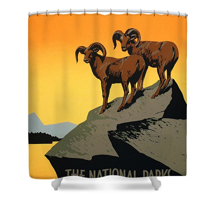 Bighorn Sheep Shower Curtain featuring the painting The national parks poster by Vincent Monozlay