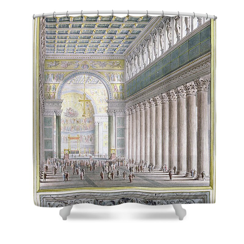 Karl Friedrich Schinkel Shower Curtain featuring the painting The Nave, Apse, and Crossing of a Cathedral for Berlin by Karl Friedrich Schinkel