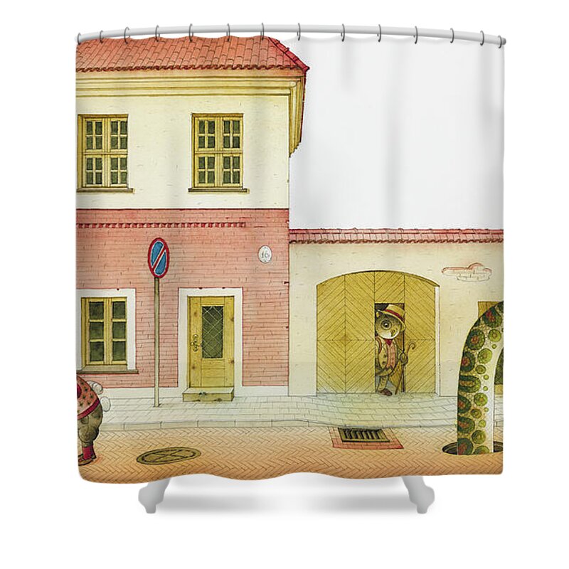 Snake Street Illustration Watercolor Children Book Old Town Rabbit Shower Curtain featuring the painting The Neighbor around the Corner04 by Kestutis Kasparavicius