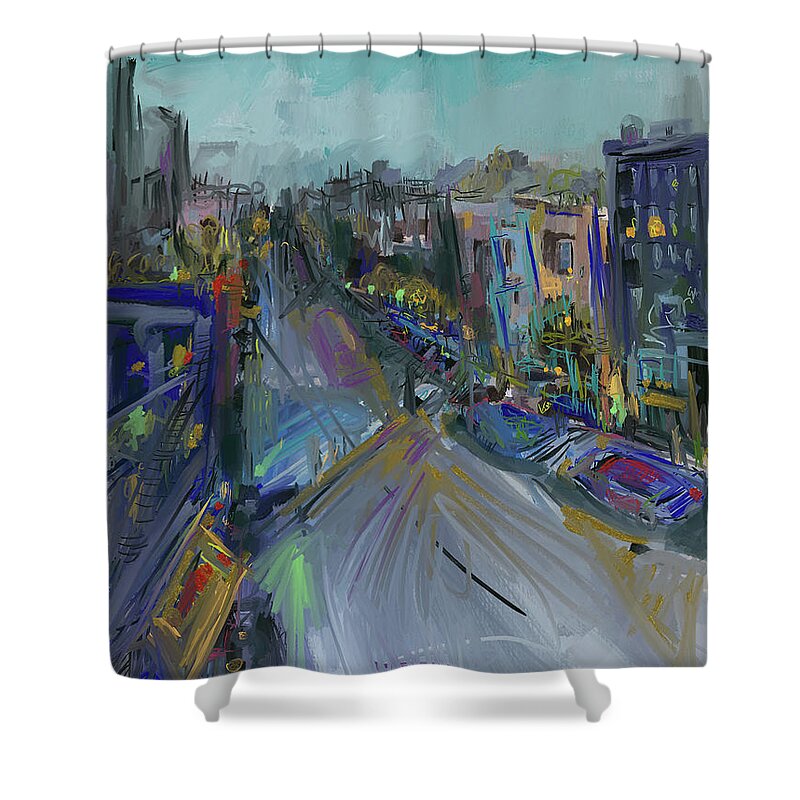City Scene Shower Curtain featuring the mixed media The neighborhood by Russell Pierce