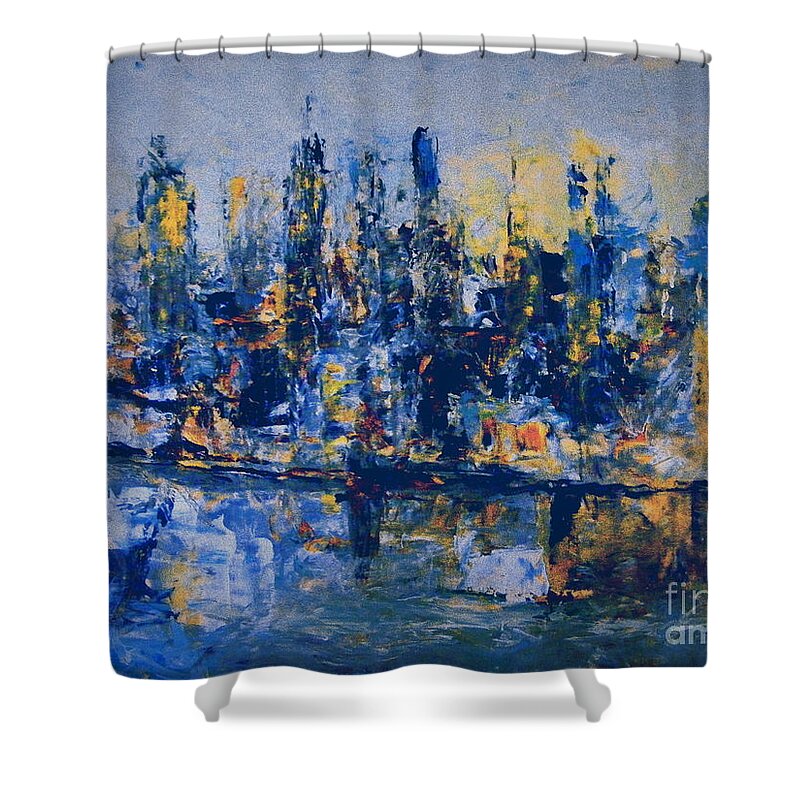Abstract Acrylic City Painting Shower Curtain featuring the painting The Night City by Nancy Kane Chapman