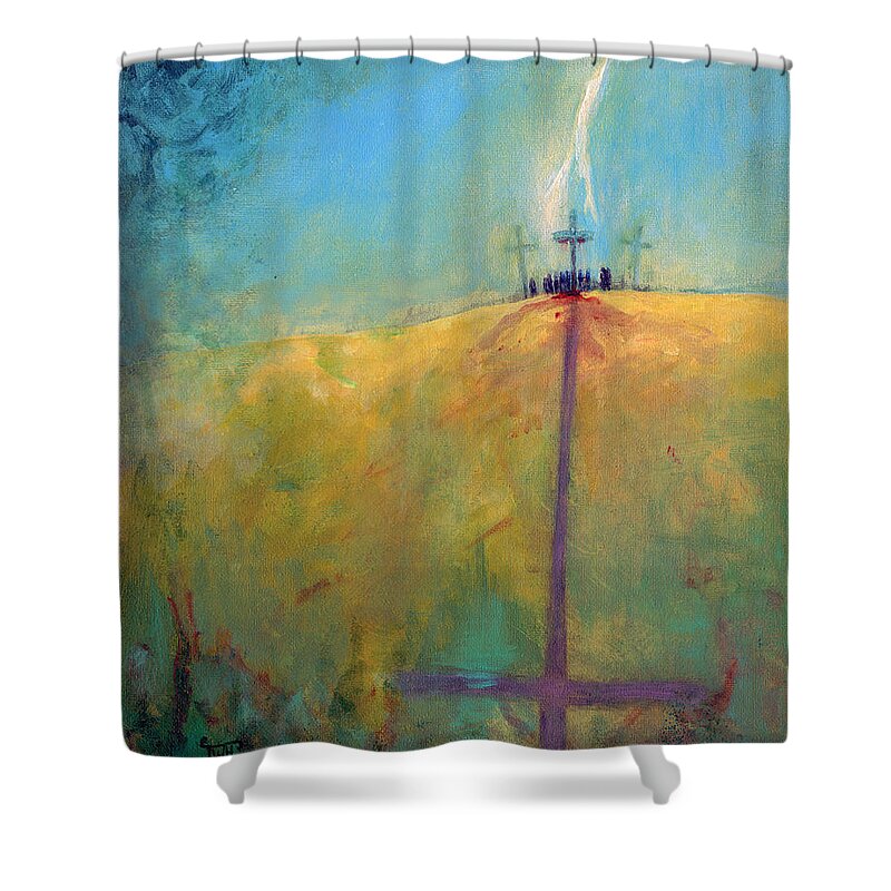 Crucifixion Shower Curtain featuring the painting The Ninth Hour by Terry Webb Harshman