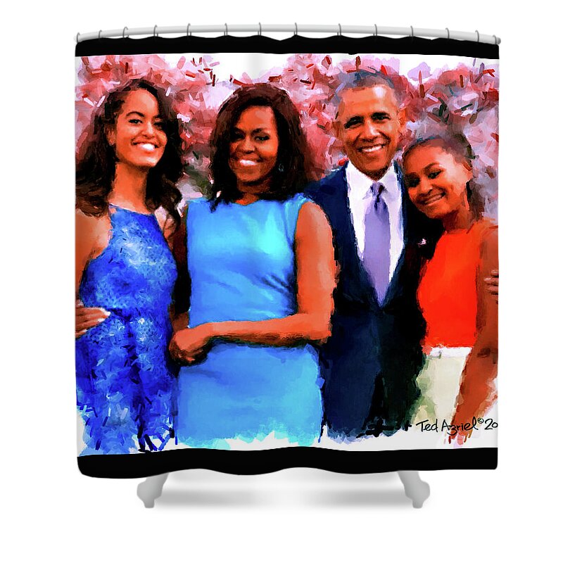 President Obama Shower Curtain featuring the digital art The Obama Family by Ted Azriel