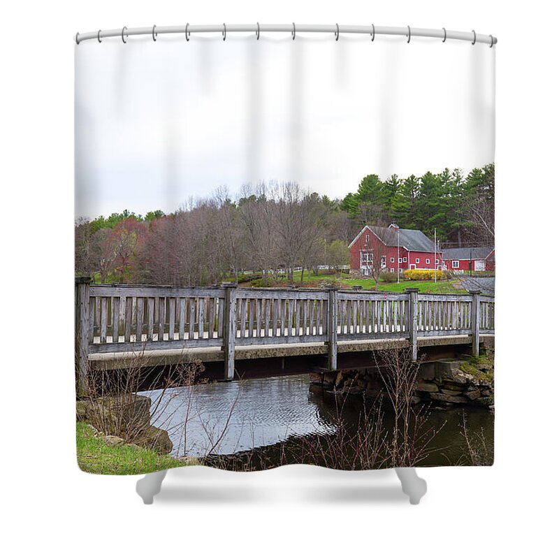 River Bend Farm Uxbridge Ma Mass Massachusetts Outside Outdoors Park Water Reflection Reflections Tree Trees Sky Cloudy Overcast New England Newengland U.s.a. Usa Brian Hale Brianhalephoto Pond Water House Architecture Old House Building Shower Curtain featuring the photograph The Old Bridge at River Bend Farm by Brian Hale