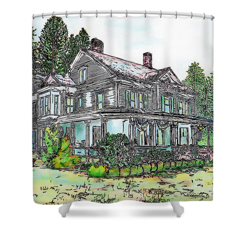 Pen Shower Curtain featuring the drawing The Old Farm House by Michele A Loftus