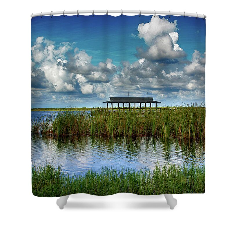 Old Fishing Pier Shower Curtain featuring the photograph The Old Fishing Pier at Lake Trafford by Don Columbus