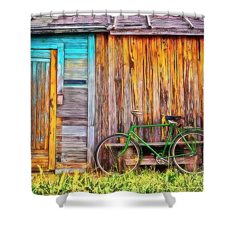 Bike Shower Curtain featuring the painting The Old Green Bicycle by Edward Fielding