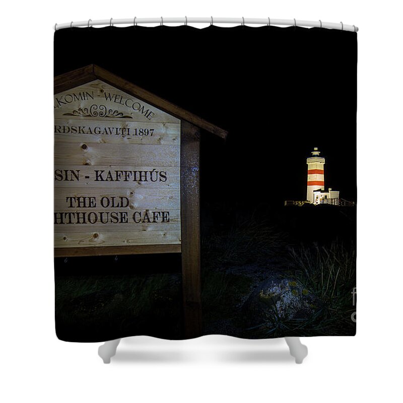 Heritage Museum In Garðskagi Shower Curtain featuring the photograph The Old Lighthouse Cafe Flosin Kaffihus by Rene Triay FineArt Photos