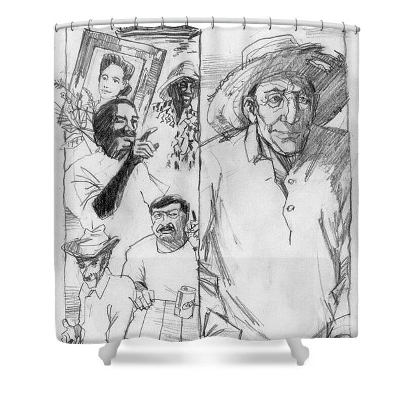 Ernest Hemingway Shower Curtain featuring the drawing The Old Man and the Sea. Book Illustration by Igor Sakurov