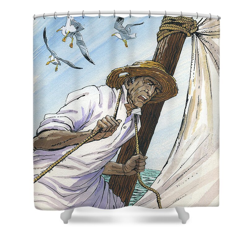 Ernest Hemingway Shower Curtain featuring the painting The Old Man and the Sea. Novel Illustration by Igor Sakurov