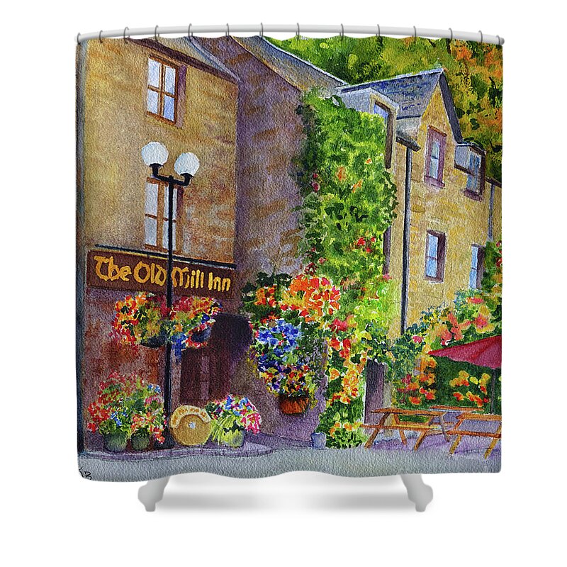 Scotland Shower Curtain featuring the painting The Old Mill Inn by Karen Fleschler