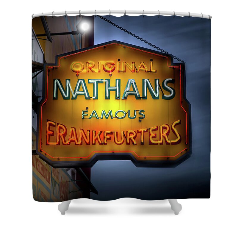 New York Shower Curtain featuring the photograph The Original Nathan's Hotdogs at Coney island by Mark Andrew Thomas