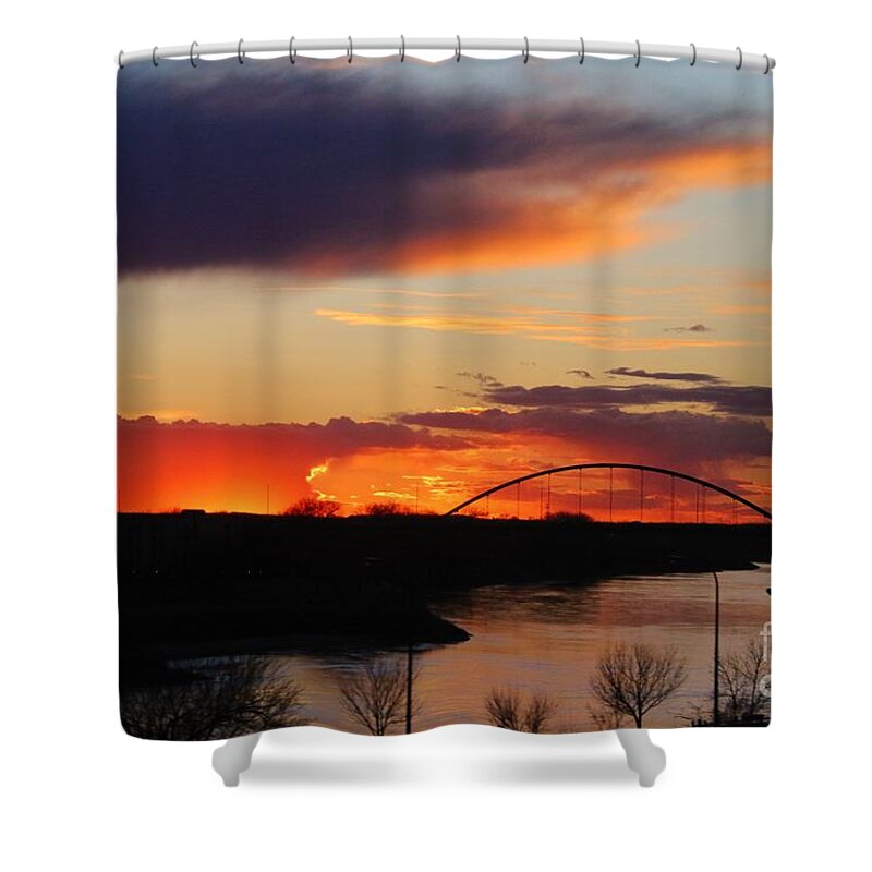 Sunset Shower Curtain featuring the photograph The other side of the Bridge by Yumi Johnson