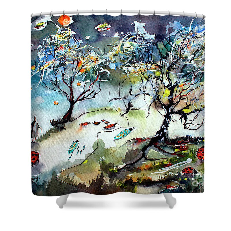 Science Fiction Shower Curtain featuring the painting The Fugas Travel Log 08 by Ginette Callaway