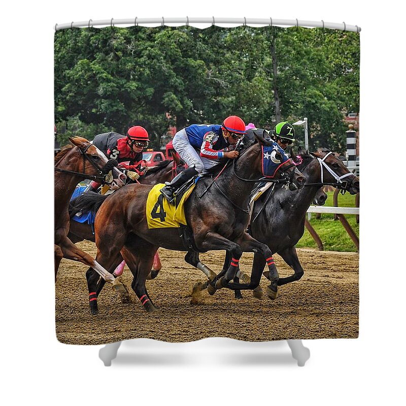 Race Horses Shower Curtain featuring the photograph The Pack by Jeffrey Perkins