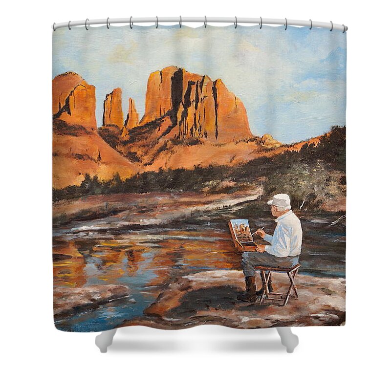 Sedona Shower Curtain featuring the painting The Painter Woods by Alan Lakin