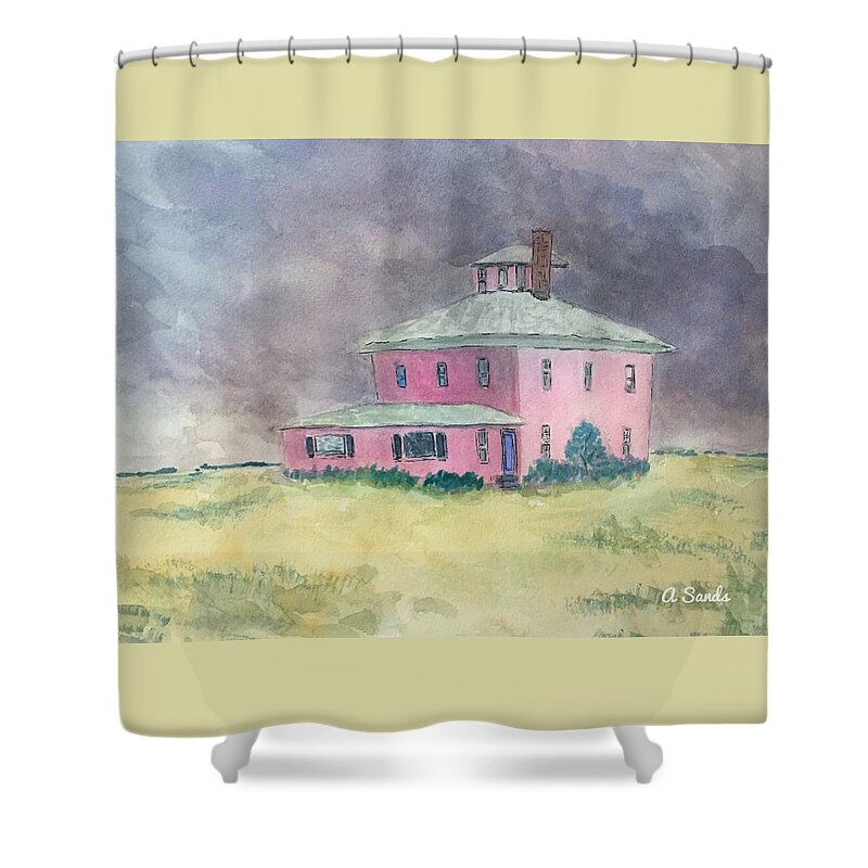 Pink House Shower Curtain featuring the painting The Pink House Plum Island by Anne Sands