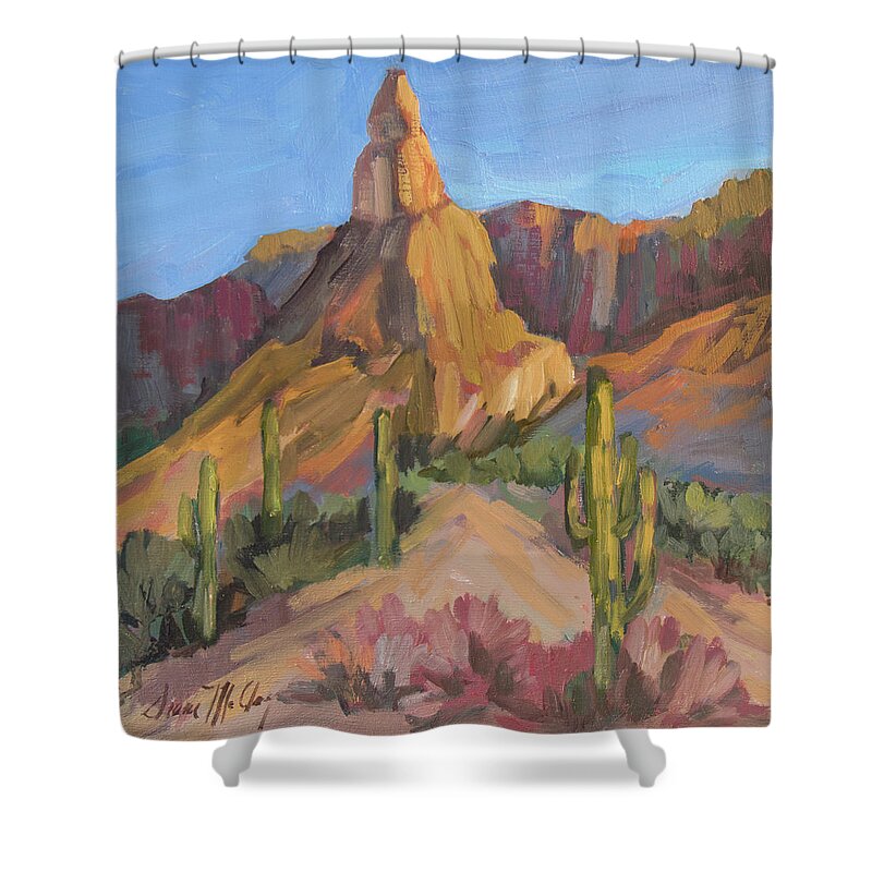 Arizona Shower Curtain featuring the painting The Pinnacle at Goldfield Mountains by Diane McClary