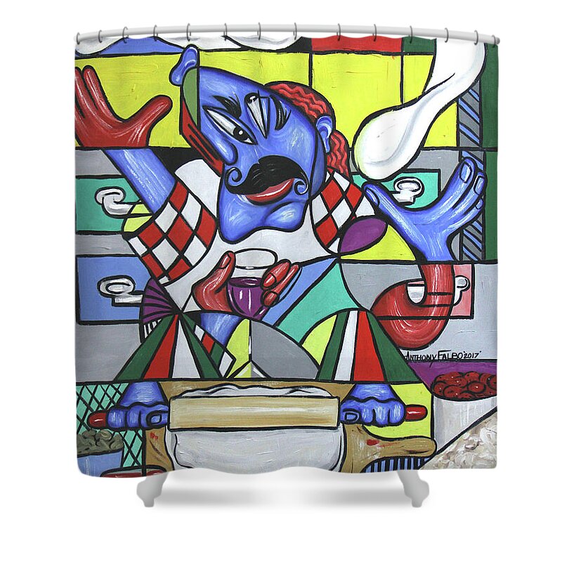 Food Art Shower Curtain featuring the painting The Pizza Master by Anthony Falbo