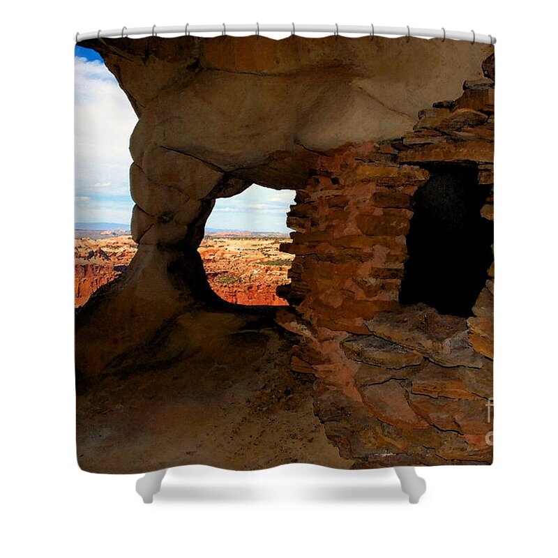 Anasazi Shower Curtain featuring the painting The place of the old ones by David Lee Thompson